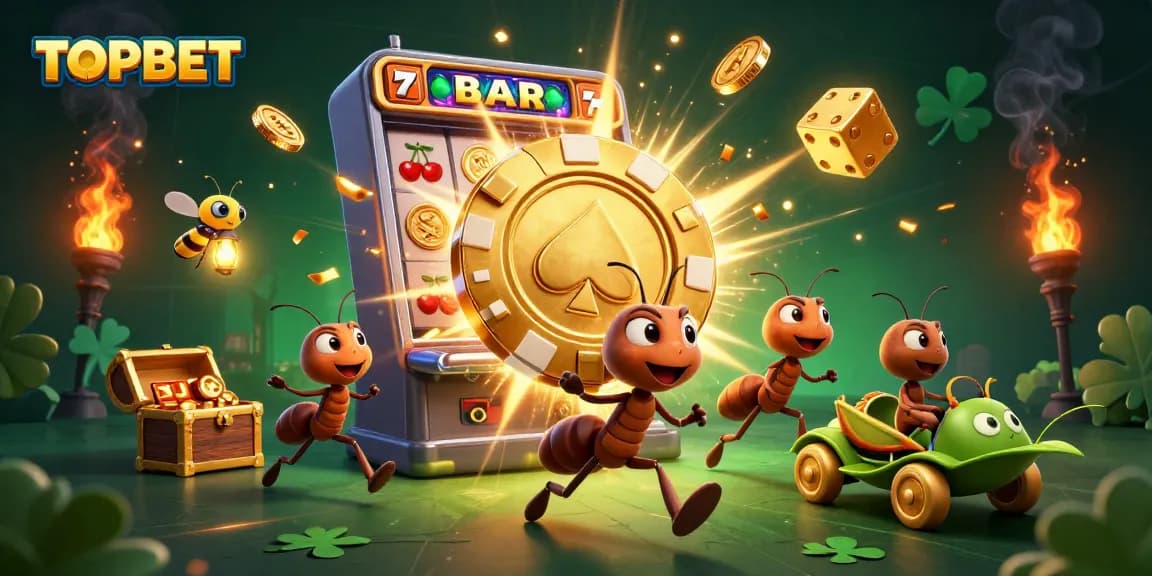 Engage with TOPBET through an exciting 3D illustration of cartoon ants involved in a heist amidst vibrant casino elements.