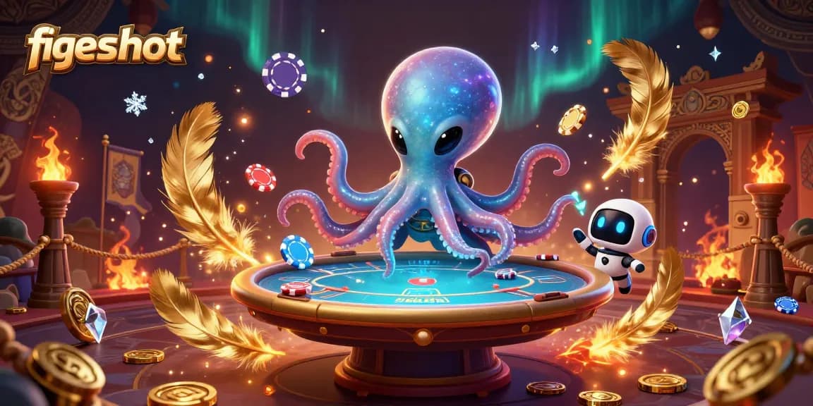 Experience thrilling games at fiveshot, an alien octopus expertly managing a poker table in a cosmic realm.