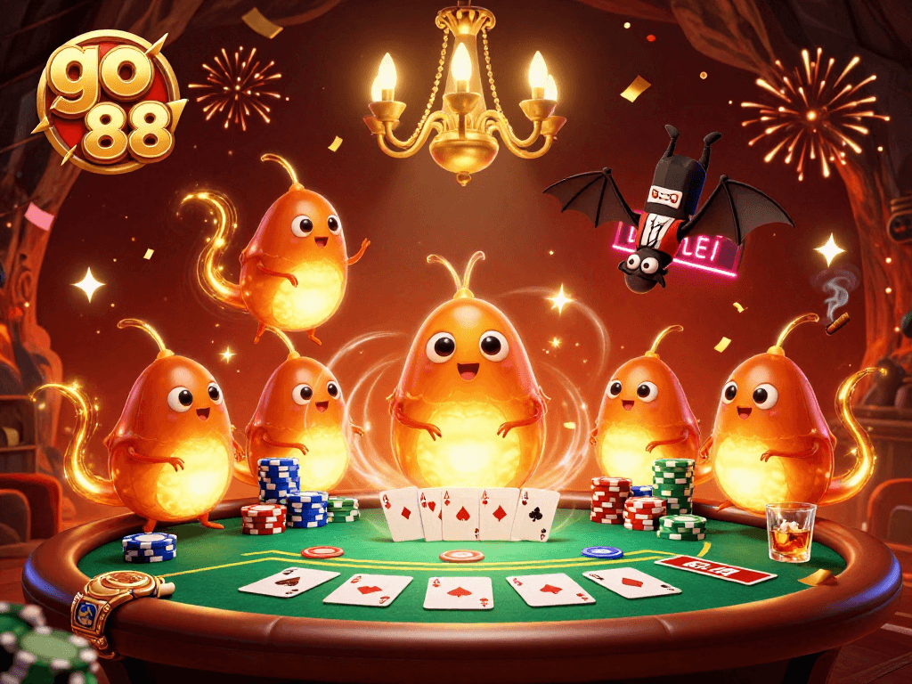 Experience vibrant excitement at go 88's casino with glowing characters lighting the games.