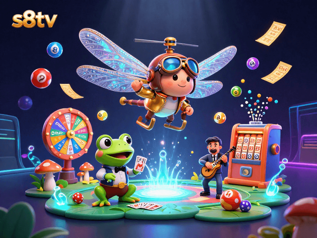Experience the thrill of S8TV with dynamic lottery elements and vibrant casino scenes.