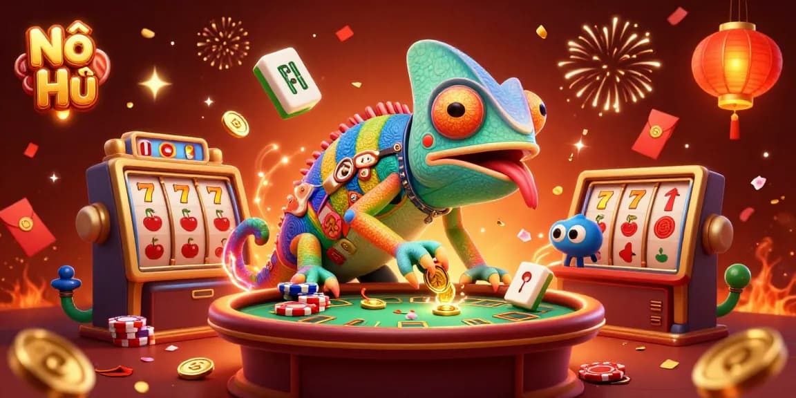 Nổ Hũ showcases vibrant gambling action with a colorful chameleon casino owner snapping up coins.
