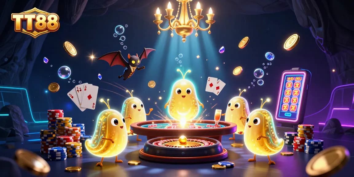 Experience TT88's vibrant casino scene with glowing glowworms and a bat dealer under dazzling lights.