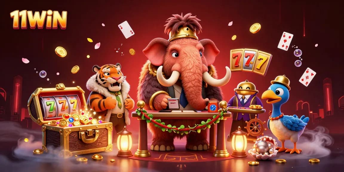 Engage with 11WIN's captivating casino scene featuring a woolly mammoth bouncer and vibrant slot elements.