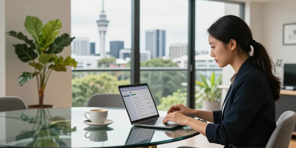 Auckland short-stay property management professional analysing data in modern apartment with skyline view and inviting atmosphere.