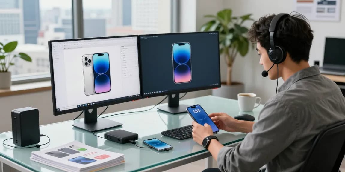 爱思助手下载过程中，技术支持人员在现代数字工作空间内为iPhone进行故障排查，显示专业技术和效率。