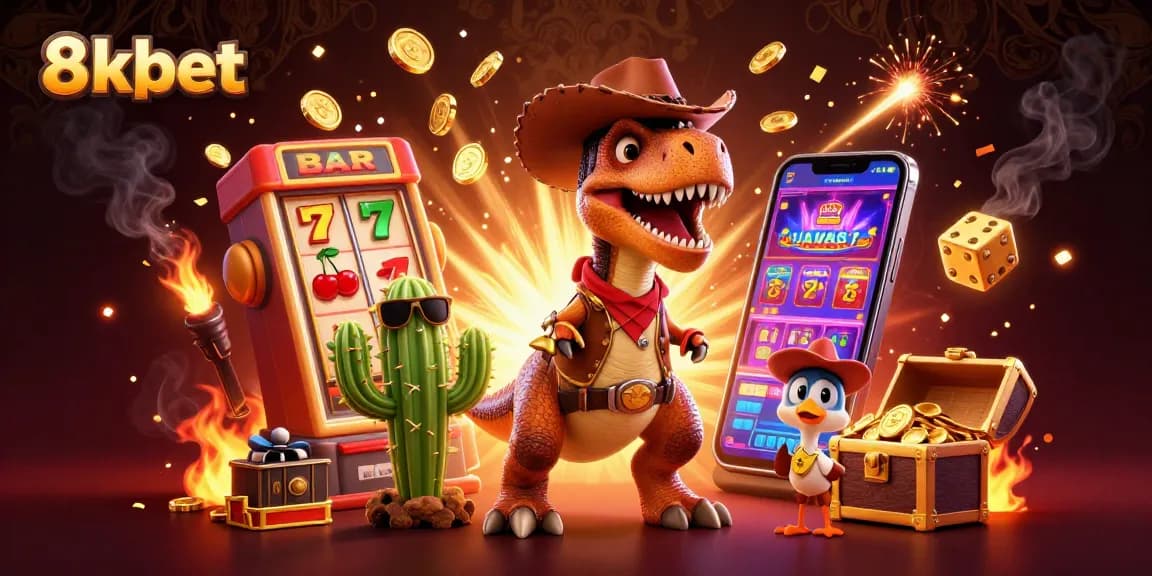 Experience thrilling games at 8xbet with a cowboy dinosaur and casino elements exploding with excitement.