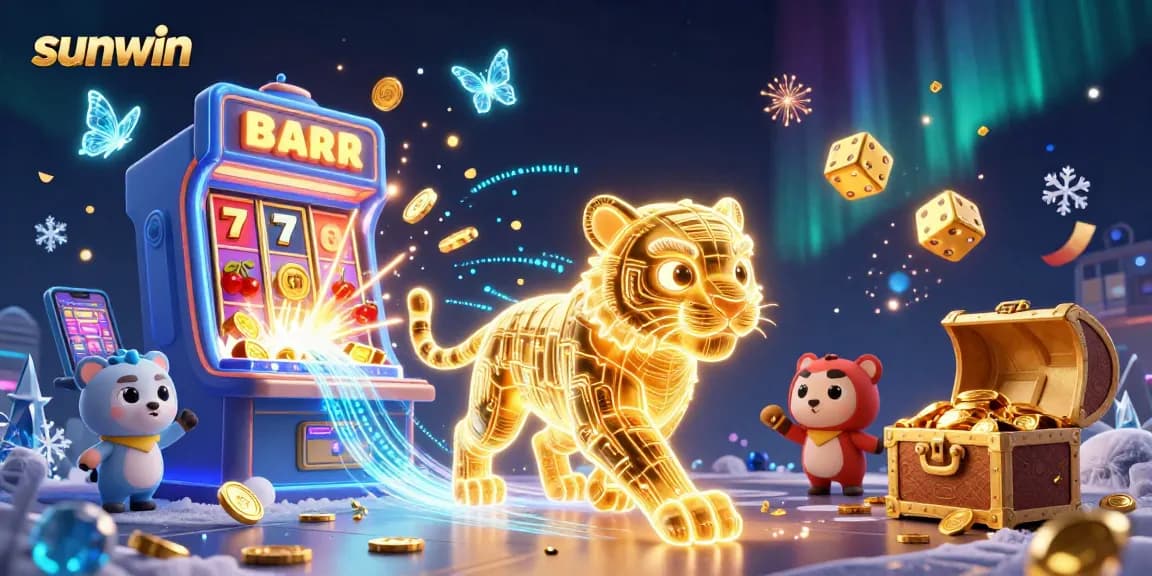 Experience the excitement of sunwin with a vibrant casino scene featuring a golden tiger and jackpot elements.