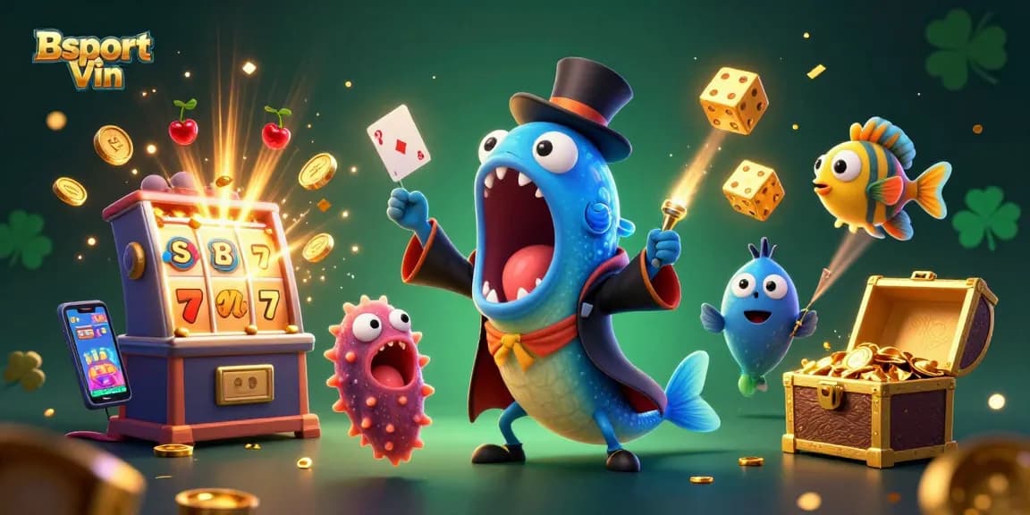 Engage with Bsport Vin's thrilling atmosphere featuring a magician eel and an anglerfish amidst casino excitement.