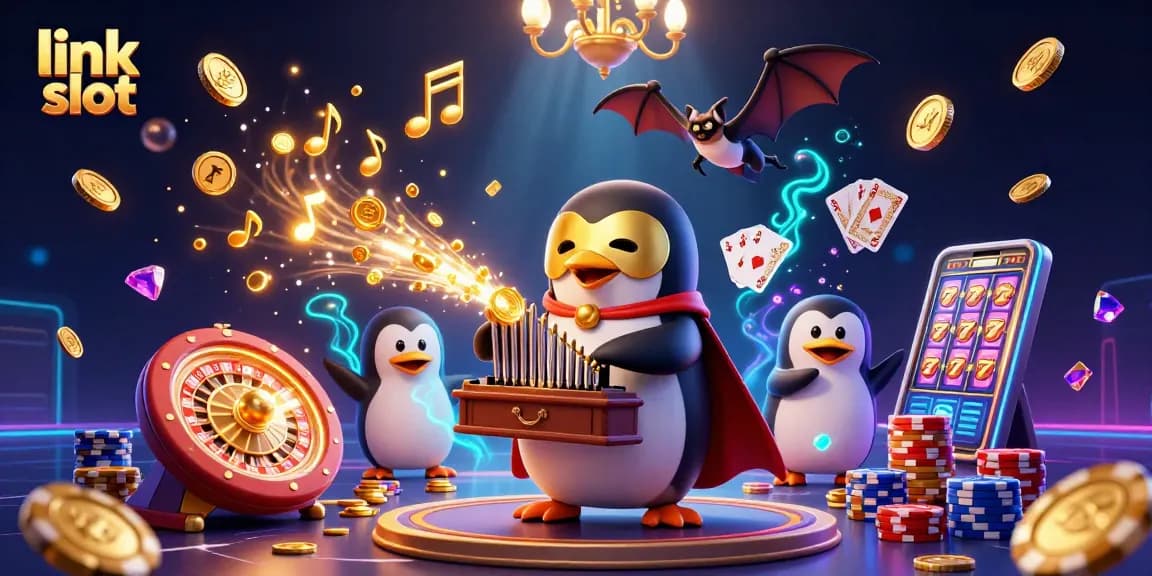 Permainan slot gacor link slot dengan penguin opera 3D yang memainkan alat musik mewah menghasilkan koin emas.