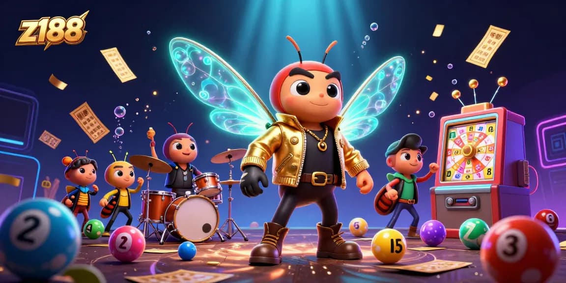 Z188 casino features vibrant games with colorful balls and a rock star cicada in action.
