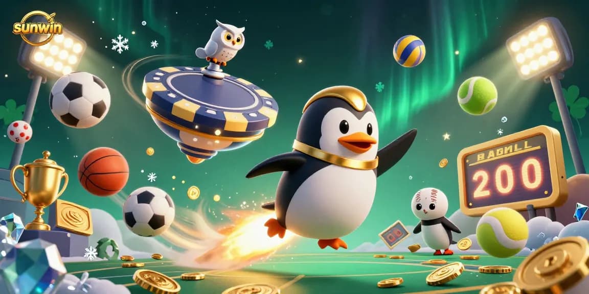 Experience sunwin's thrilling adventure with a golden penguin and casino space station illustration.