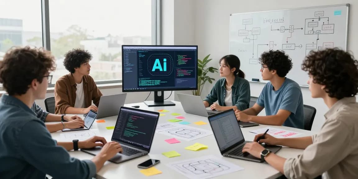 Engaging team collaboration showcasing juicy ai in a modern tech workspace with vibrant brainstorming elements.