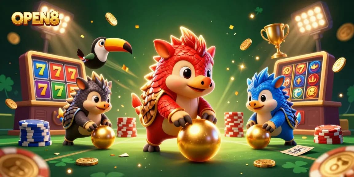OPEN88 showcases rivals in a vivid 3D casino scene, rolling golden balls and hitting jackpot symbols.