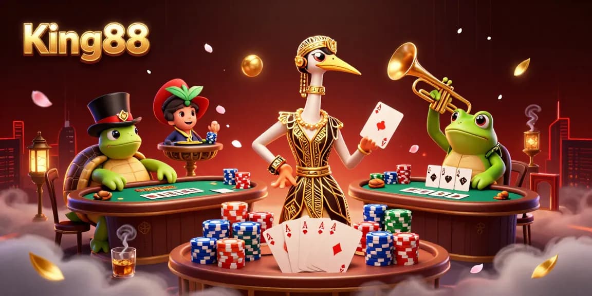 Play exciting games at King88, featuring vibrant characters in a glamorous casino scene with poker and dynamic elements.