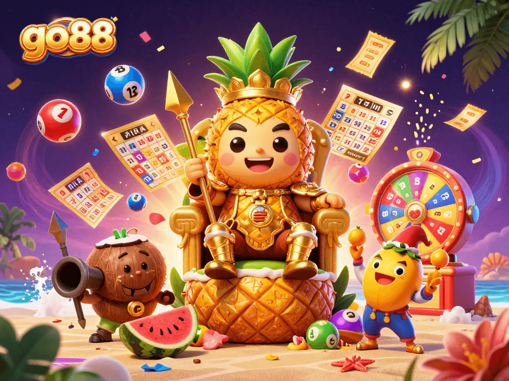 Engage at go88 with a vibrant scene of the golden pineapple king ruling the beach casino.