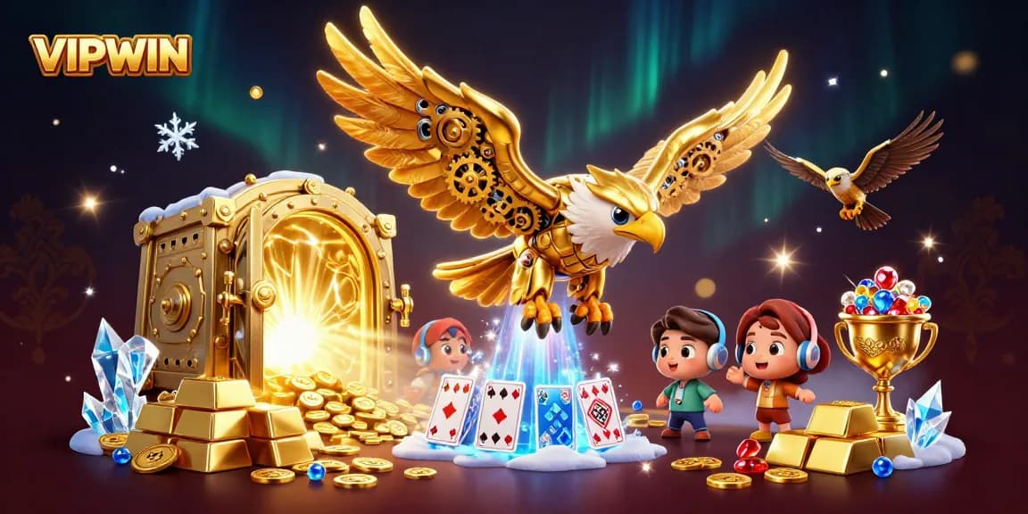 VIPWIN illuminates the gambling landscape with a dazzling golden eagle soaring through holographic playing cards, symbolizing fortune.