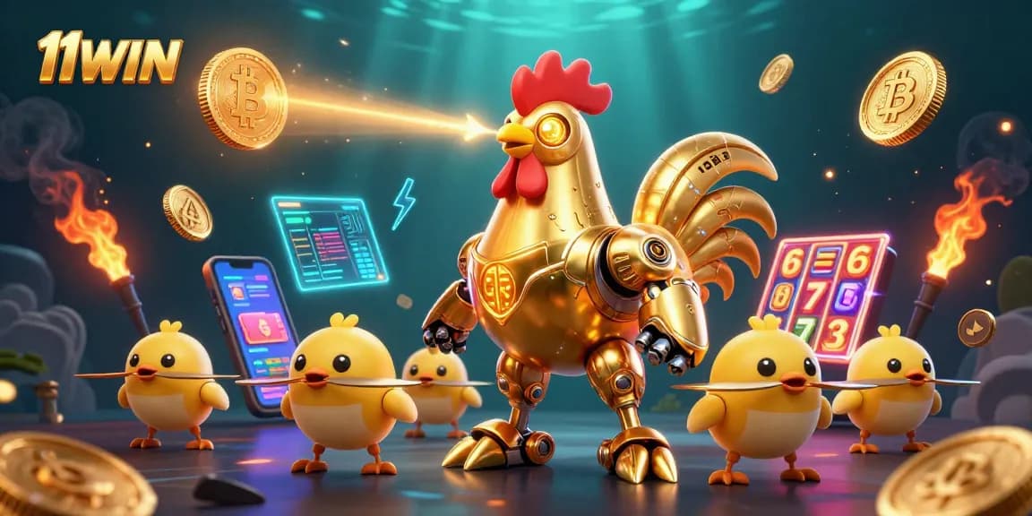 Experience 11WIN with vibrant neon coins and a golden rooster robot in a dynamic casino scene.