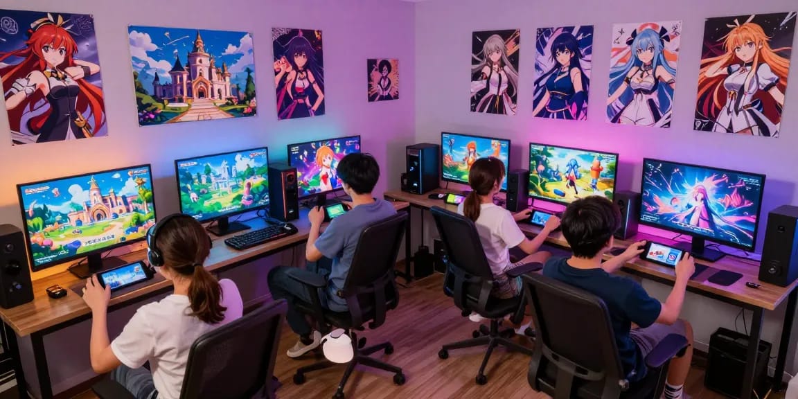 Engaging scene of diverse characters in a thrilling game hentai environment, showcasing a dynamic gaming setup.