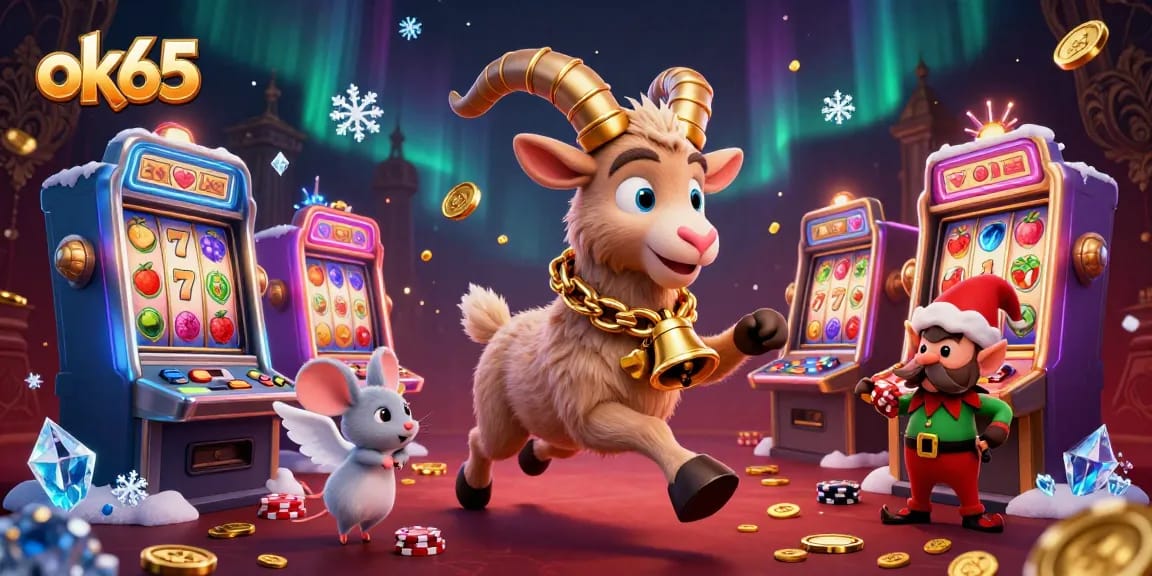 Engage in casino fun with ok65 featuring a festive Krampus goat and elf gremlins stealing chips.