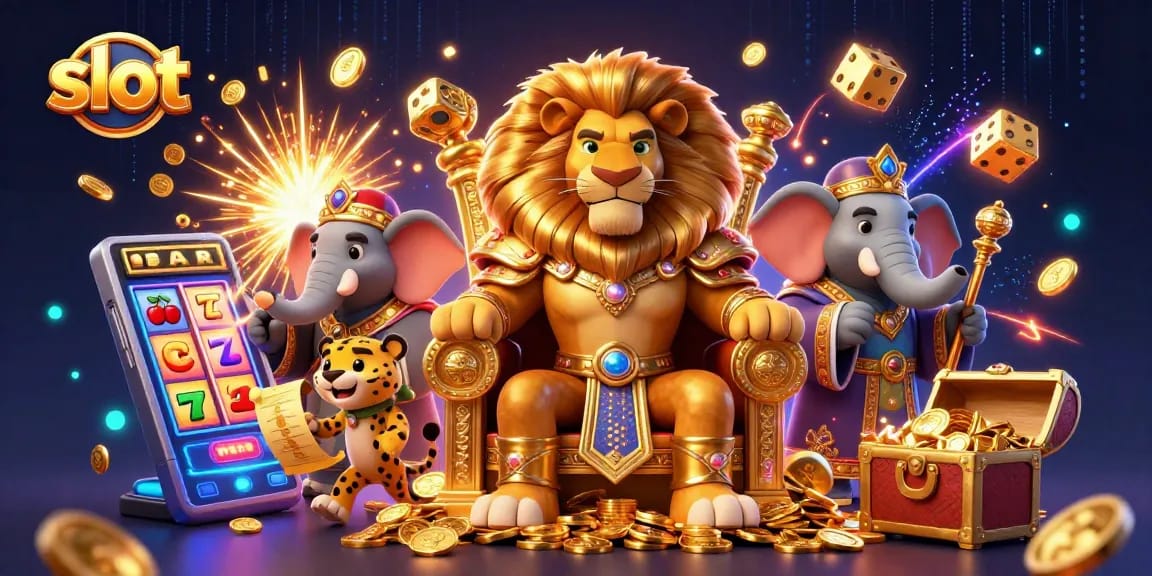 Spin on vibrant slot machines with a regal lion king, treasures exploding in a dynamic casino scene.