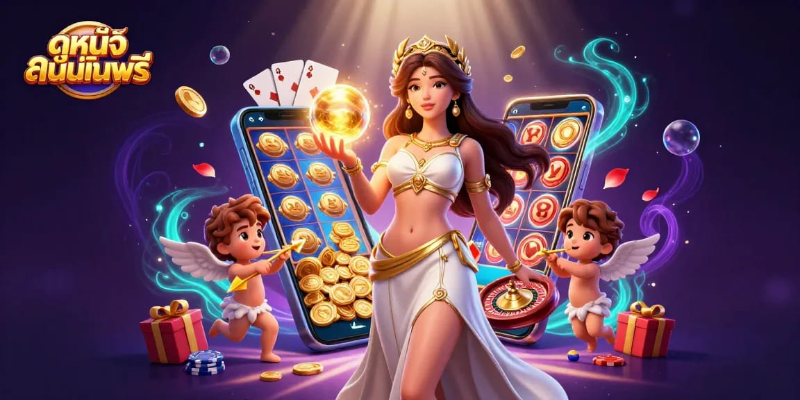 Experience ดูหนังออนไลน์ฟรี while enjoying exciting slot games in a vibrant, colorful 3D illustration.