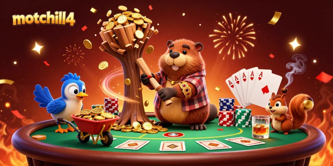 Experience thrilling wins at motchill4 as the cartoon beaver collects golden coins in this vibrant online casino scene.