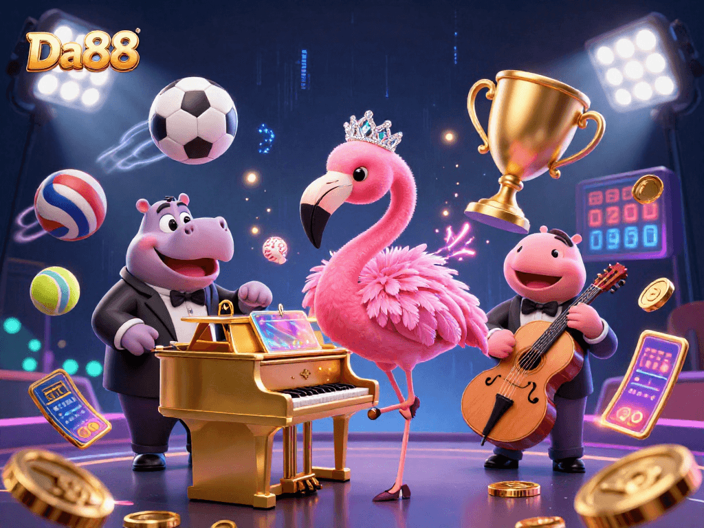 Experience thrilling gaming action at Da88 with lively characters and vibrant casino elements.