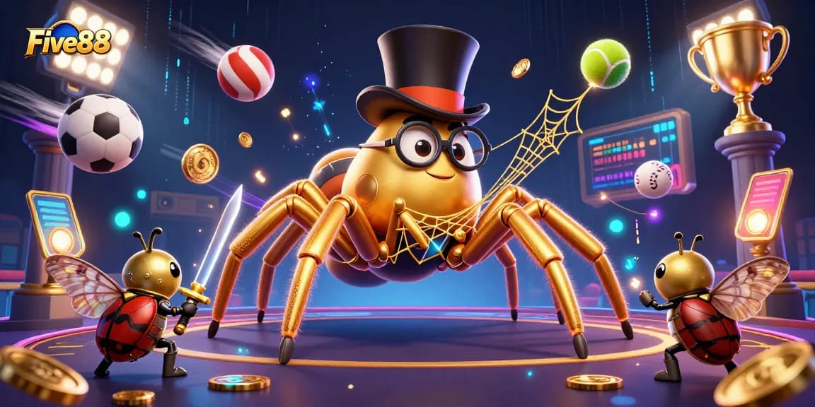 Experience gaming excitement at Five88 with a dynamic casino scene showcasing thrilling characters and sports elements.