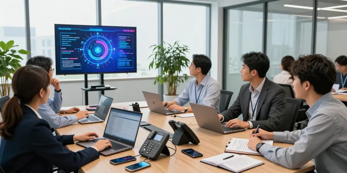 Team collaborating in modern office on innovative telephone systems solutions, showcasing 2026 trends.