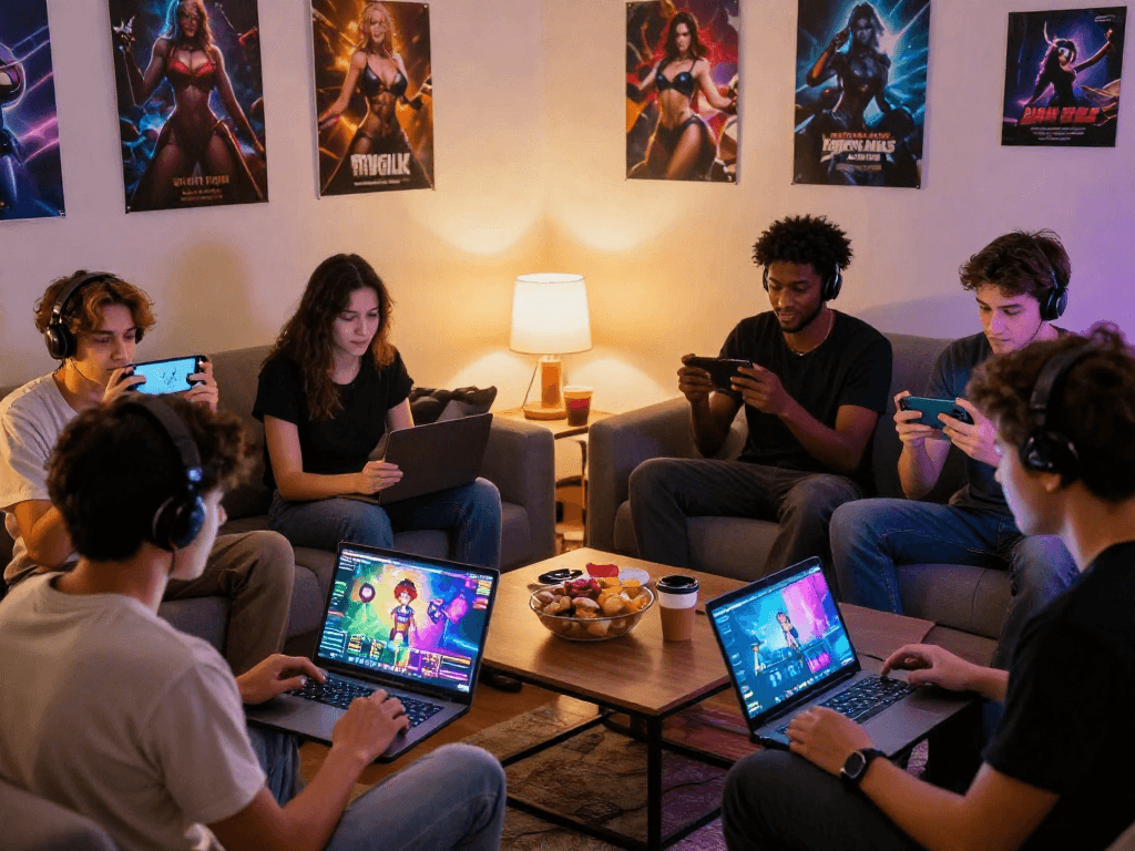 Players enjoying diverse sex games on various devices in a cozy home gaming setting.