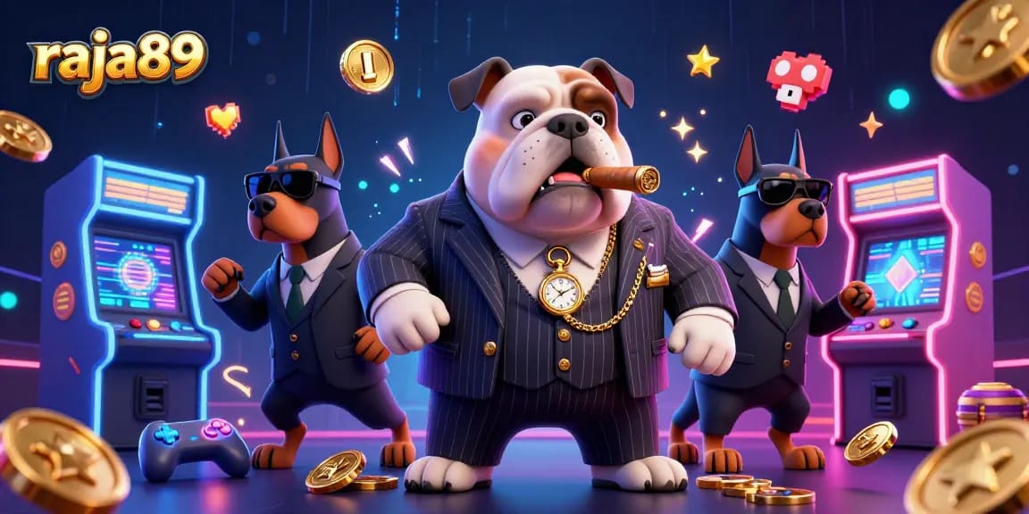 Join the action at raja89 with a vibrant 3D casino scene filled with game elements and characters.