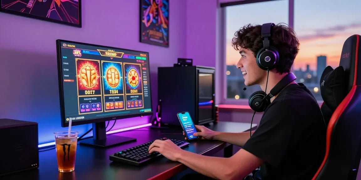 Engaged player in vibrant gaming setup for situs slot deposit 10 ribu experience.