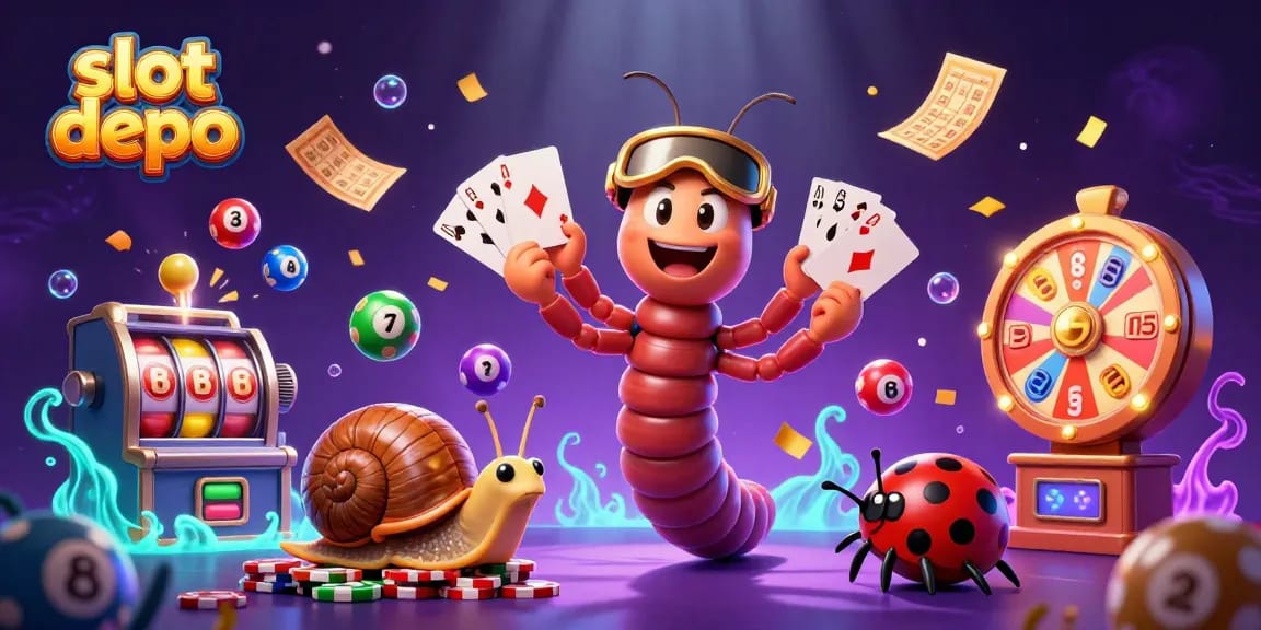 Engage with slot depo 5rb in a vibrant casino scene featuring a dynamic cartoon dealer and exciting game elements.