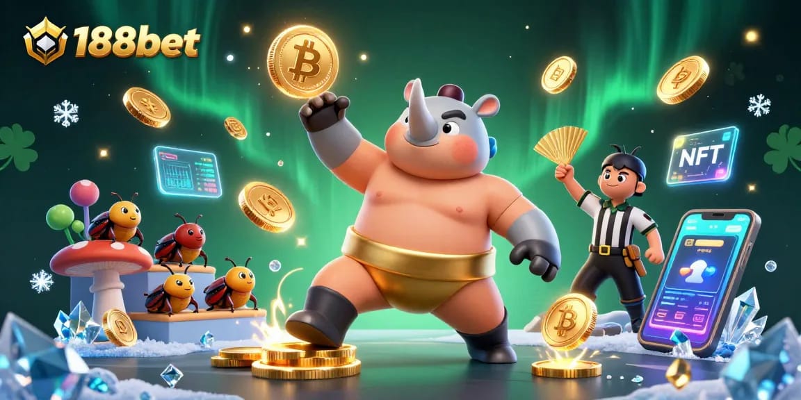 Experience the excitement of 188bet with a vibrant 3D illustration of a sumo champion beetle amidst flying coins and crypto elements.