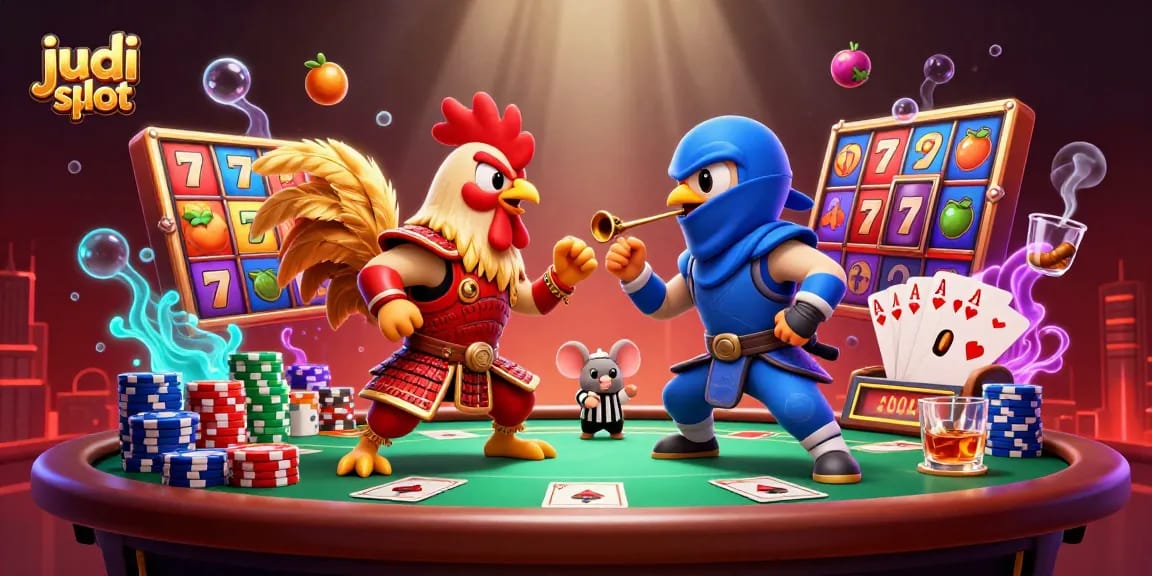 Engage in judi slot excitement as 3D fighting roosters clash amid vibrant casino elements.