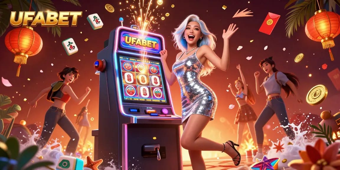 Experience thrilling slots action at UFABET with a celebratory scene featuring a jackpot win!