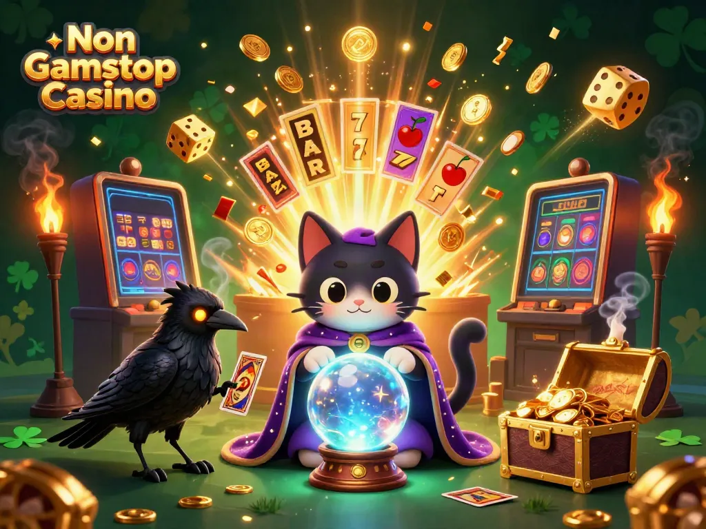 Experience the thrill of Non Gamstop Casino action with vibrant 3D illustration featuring mystic characters and casino elements.