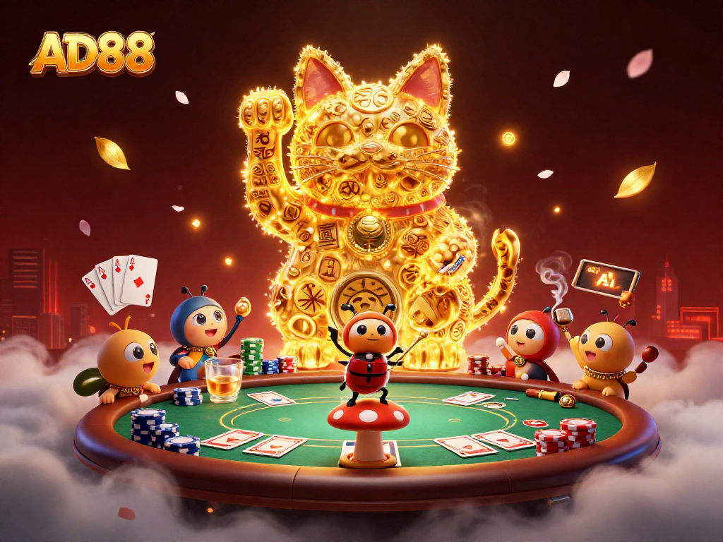 Experience engaging gaming with AD88 in a vibrant 3D casino illustration featuring a lucky cat.