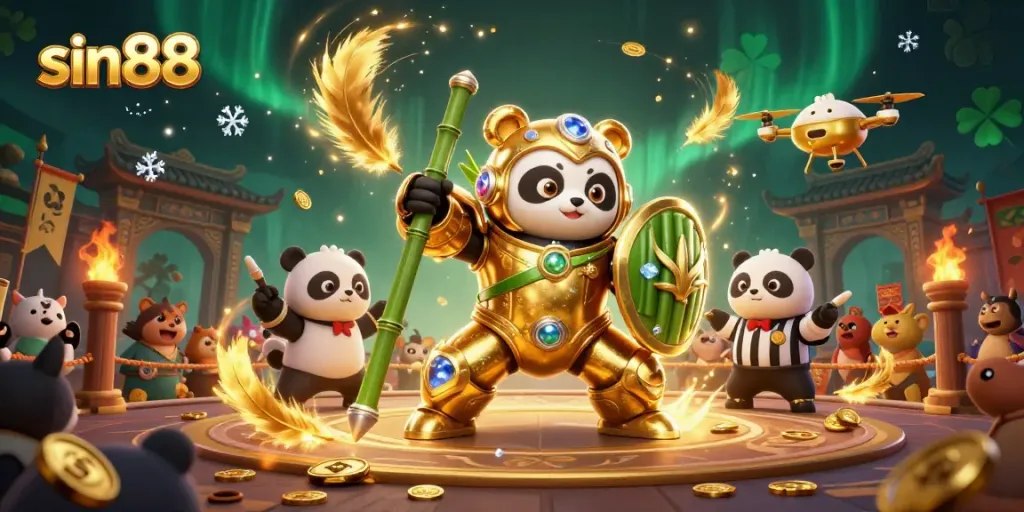 Experience thrilling gameplay at sin88 with a dynamic panda robot fighting in an arena surrounded by cheering spectators.