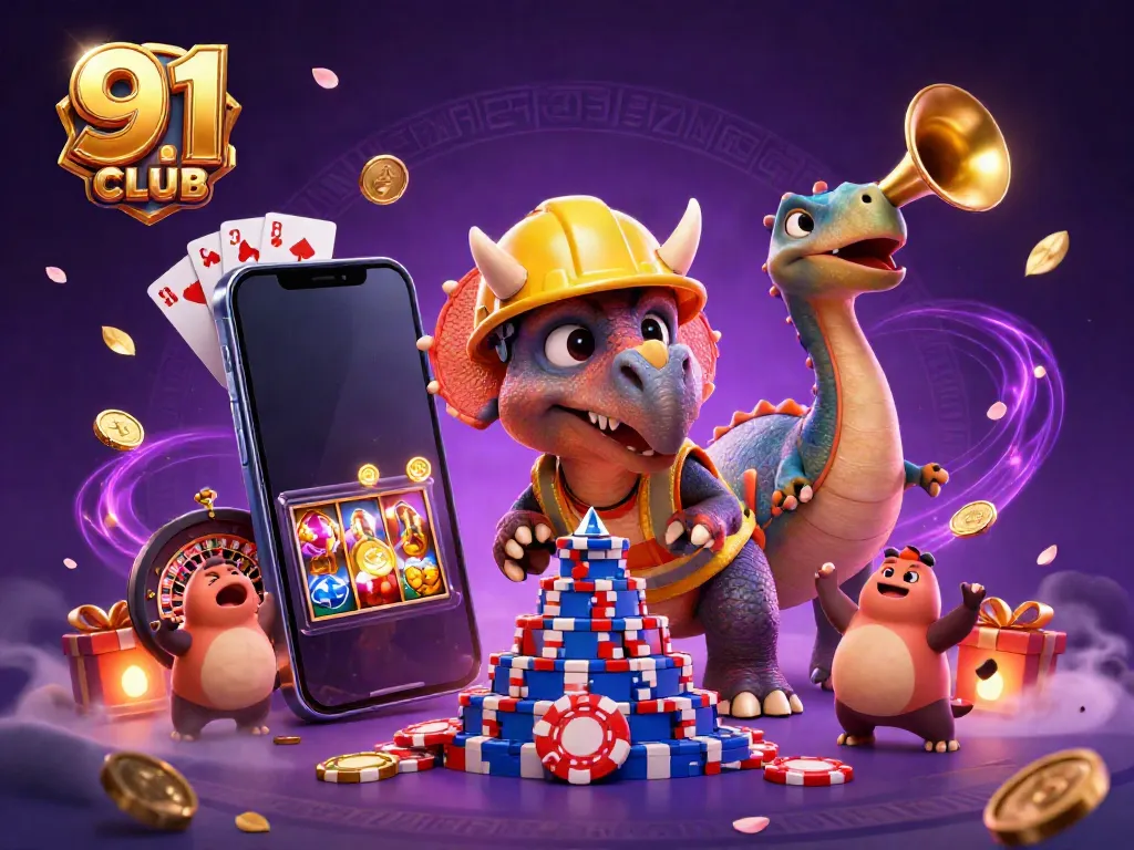 Spin to win at 91 CLUB with an engaging scene of playful dinosaurs celebrating casino gaming.