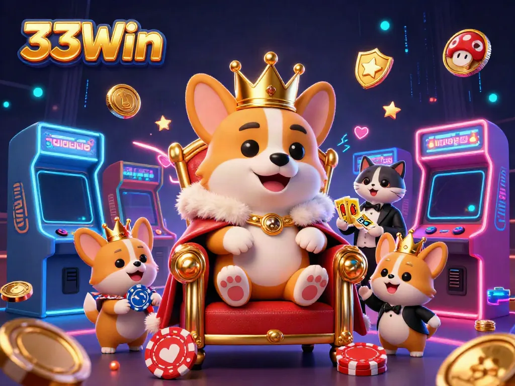 Engage in thrilling adventures at 33Win with a royal corgi sitting on a poker chip throne surrounded by casino-themed characters.
