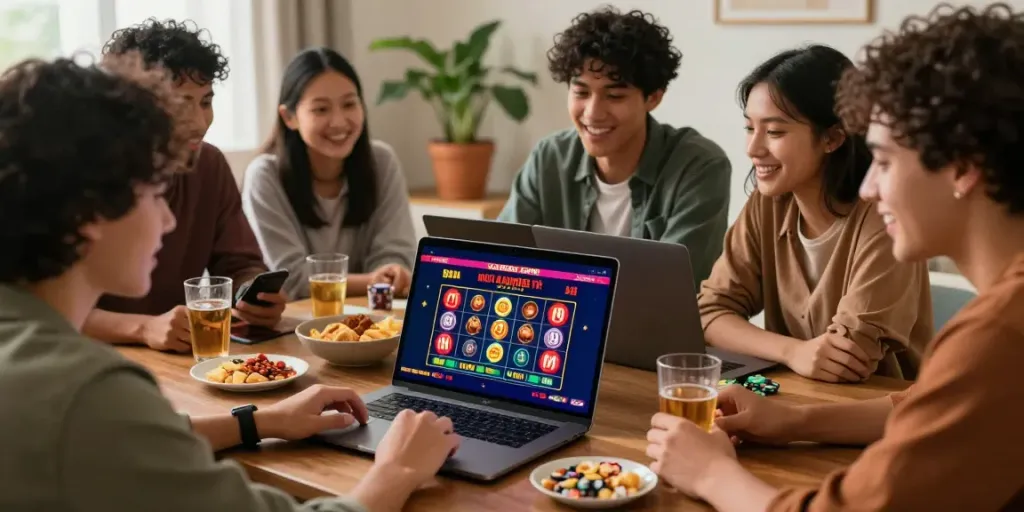 Enthusiastic friends exploring the best non GamStop casinos in a cozy living room.
