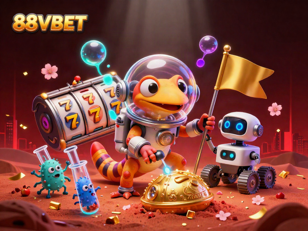 Explore the vibrant Martian casino adventure featuring 88VBET with colorful slot reels and gold elements.