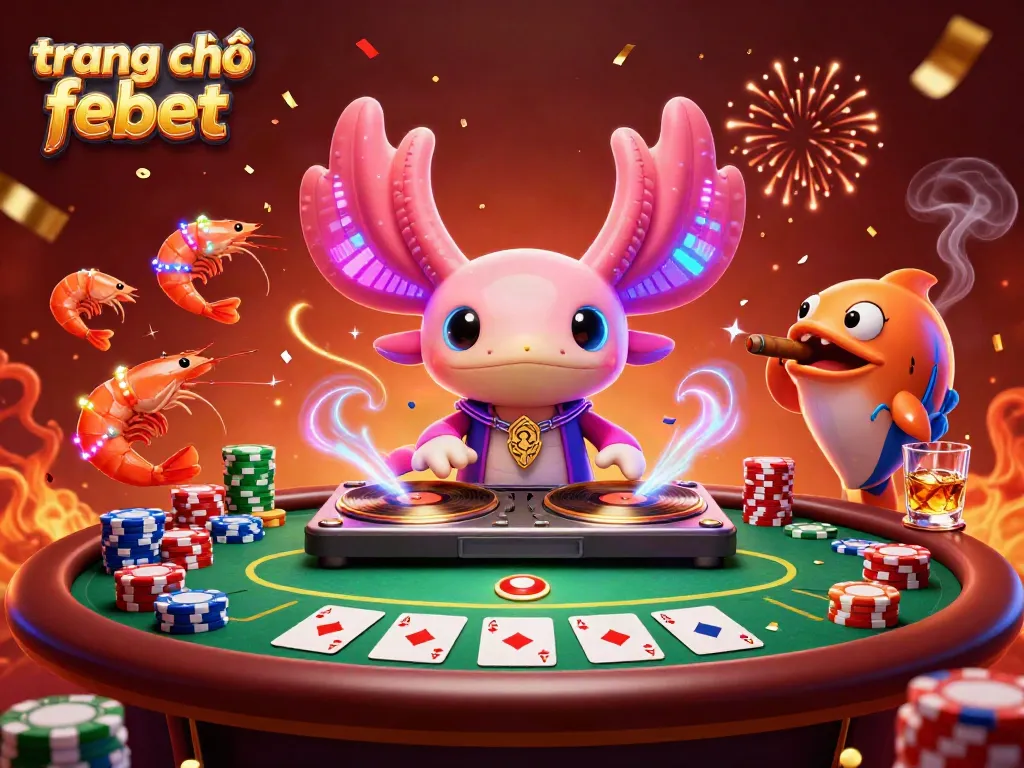 Engaging scene of neon axolotl DJ and crew at the trang chủ febet, showcasing gambling thrills.