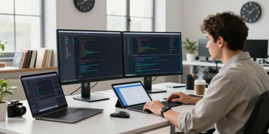 Developer focused on instant indexing in a modern workspace with dual monitors and tech gadgets.
