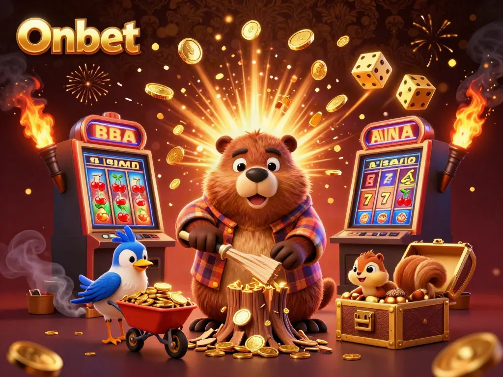 Onbet showcases a lively scene with a beaver, bird, and squirrel celebrating casino wins amidst golden coins.