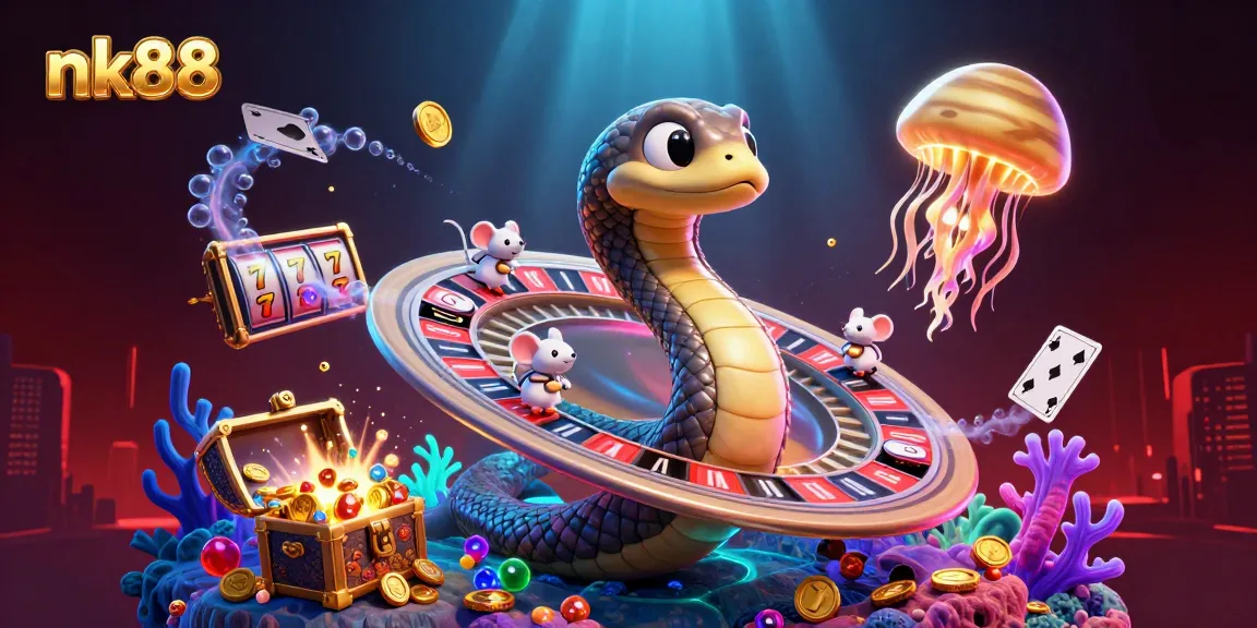 Experience thrilling bets at nk88's vibrant cosmic casino with astronauts and space-themed elements.