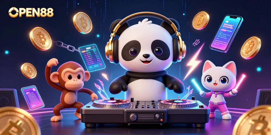 Experience the excitement of OPEN88 with vibrant characters and casino-themed elements in a lively 3D scene.