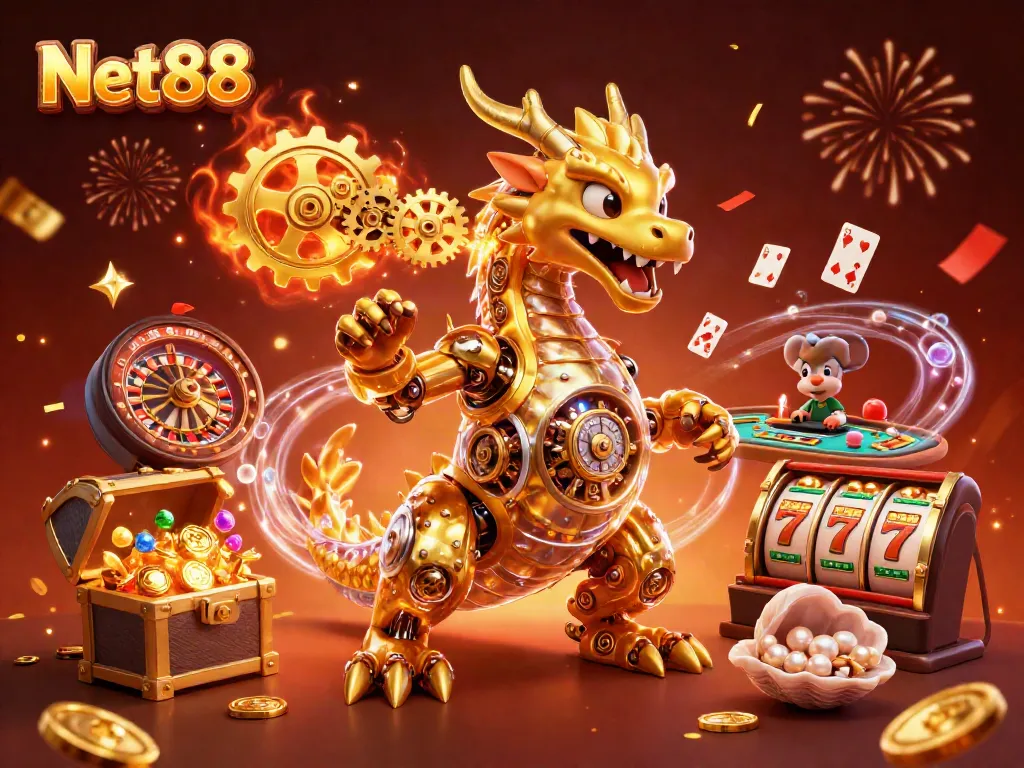 Engage with Net88's dynamic gaming world, featuring a golden dragon and casino elements.
