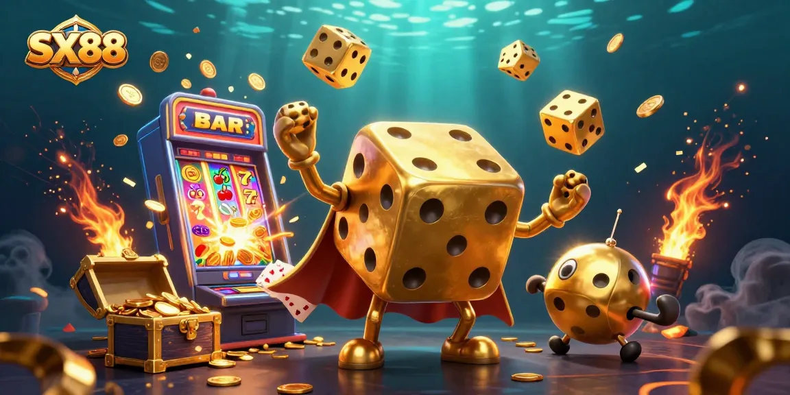 SX88 showcases an exciting jackpot scene with dynamic characters and vibrant casino elements bursting with energy.